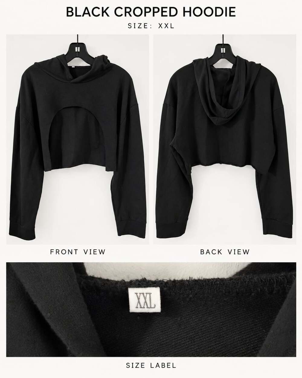 Black Super Cropped Long-Sleeve Hoodie with Circle Cutout Front Size XXL